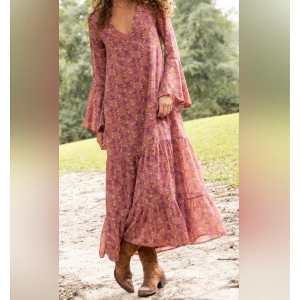 Natural Life Floral Pink Floral Bell Sleeve Maxi Dress Sz XS Boho Cottagecore